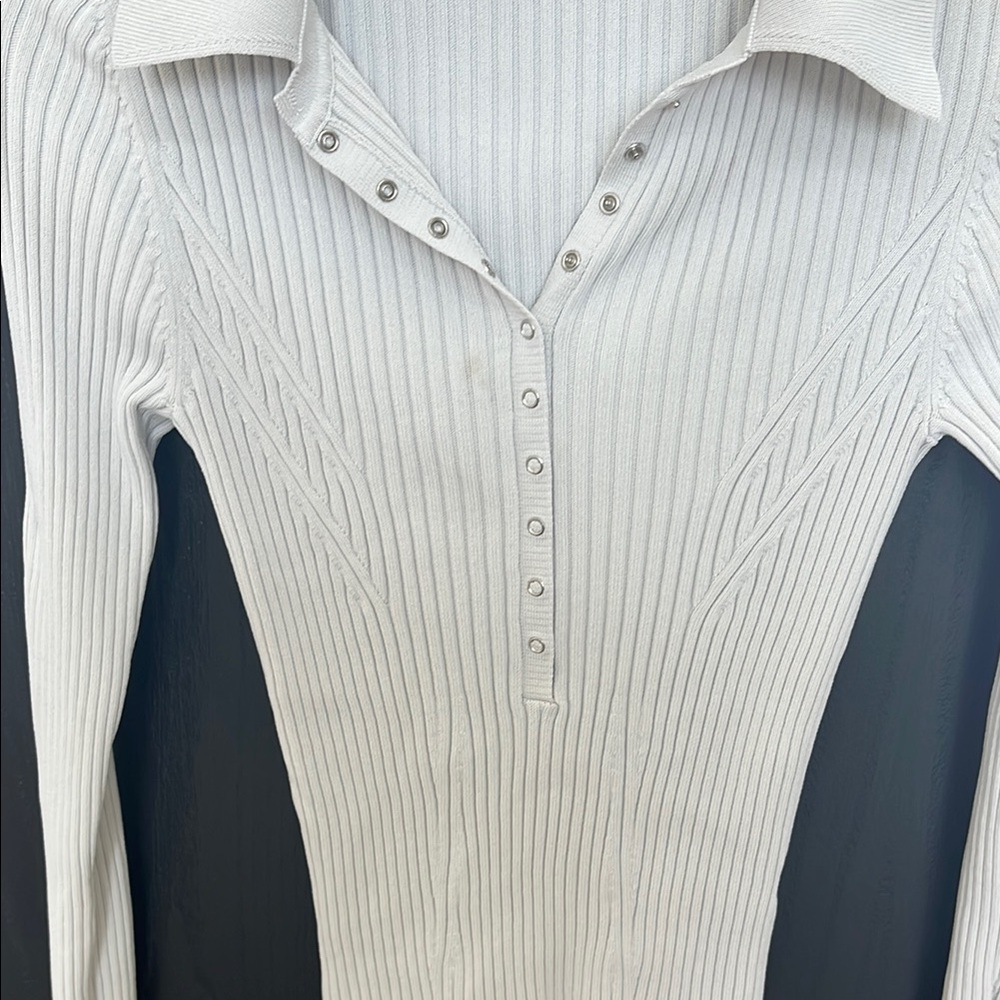 Zara Cream Ribbed Collared Top - Picture 2 of 4